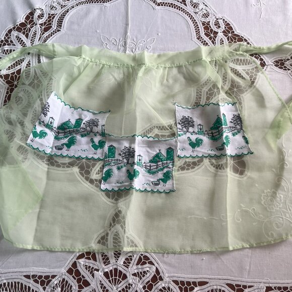 Vintage Green Chiffon Half Apron Pockets Chicken Rooster Farm Scene Retro Kitche - Picture 9 of 9